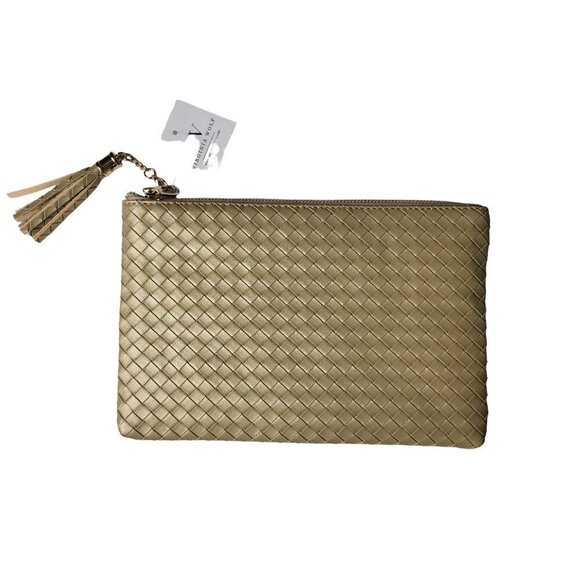 Virginia Wolf Mimi Metallic Gold Glam Woven Vegan Leather Pouch Clutch Purse - Picture 1 of 4